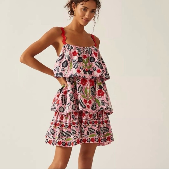 Maeve Dresses & Skirts - Maeve by Anthropologie Pink and Red Tiered Ruffled Embroidered Sundress